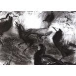 Margo Banks - FIVE CROWS - Charcoal on Paper - 28 x 39 inches - Signed