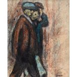 William Conor, RHA RUA - HOME TIME, BELFAST SHIPYARD WORKERS - Wax Crayon on Paper - 10 x 8 inches -