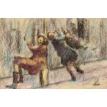 William Conor, RHA RUA - CHILDREN ON THE LAMPPOST SWING - Wax Crayon on Paper - 11 x 16 inches -