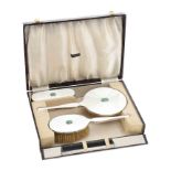 CASED SILVER AND ENAMEL BRUSH SET