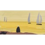 Markey Robinson - WATCHING THE BOATS - Gouache on Board - 3 x 6 inches - Signed