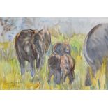 Coralie de Burgh Kinahan - AFRICAN ELEPHANTS - Watercolour Drawing - 10 x 13 inches - Signed