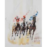 Desmond Kinney, RUA - THREE HORSE RACE - Watercolour Drawing - 24 x 19 inches - Signed