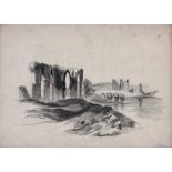 J. Dunn - CHURCH RUINS BY THE BRIDGE - Pencil on Paper - 10 x 14 inches - Signed