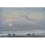 James Manley, RUA - GEESE FLYING AT DUSK - Pastel on Paper - 6 x 8 inches - Signed