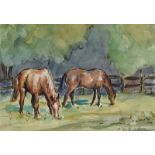 Coralie de Burgh Kinahan - HORSES GRAZING - Watercolour Drawing - 7 x 9.5 inches - Signed