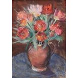Hilary Bryson - STILL LIFE, RED TULIPS IN A TERRACOTTA JUG - Pastel on Paper - 16 x 10.5 inches -