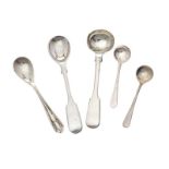 FIVE MUSTARD SPOONS, THREE SILVER, TWO SILVER-PLATE