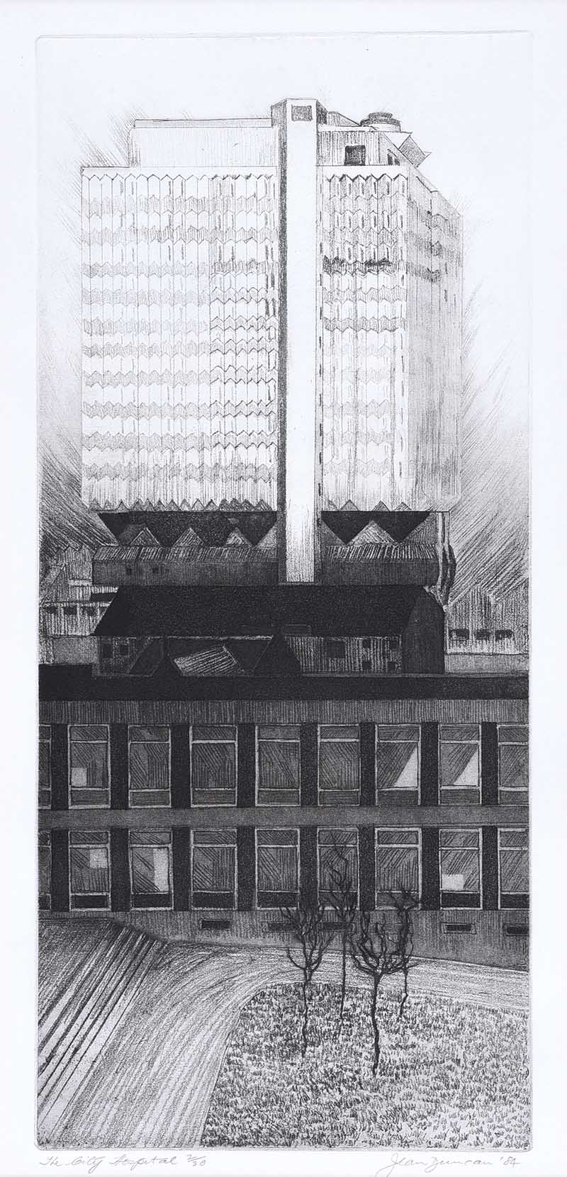 Jean Duncan, RUA - THE CITY HOSPITAL - Limited Edition Black & White Etching (2/30) - 16.5 x 7.5