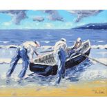 Ivan Sutton - LAUNCHING THE CURRACH - Oil on Board - 16 x 20 inches - Signed