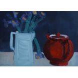 Brian Ballard, RUA - IRISES & RED TEAPOT - Oil on Canvas - 10 x 14 inches - Signed