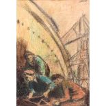 William Conor, RHA RUA - RIVETERS IN THE SHIPYARD - Wax & Crayon on Paper - 16 x 11 inches - Signed