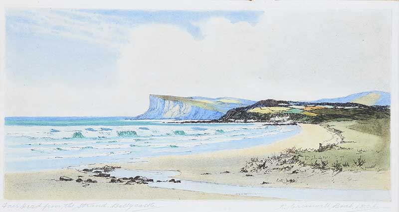 Robert Cresswell Boak, ARCA - FAIRHEAD FROM THE STRAND, BALLYCASTLE - Coloured Etching - 5 x 10