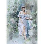 Gordon King - GIRL IN THE LILAC DRESS - Watercolour Drawing - 20 x 14 inches - Signed