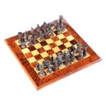 WALNUT CHESS BOARD AND LEAD CHESS PIECES