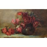 British School, late 19th/early 20th century- Still life of roses; oil on canvas, 31.5x52.5cm