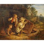 J Turner, British, mid-19th century- Children up to mischief on the farm; oil on canvas, signed