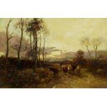 William Manners RBA, British 1860-1930- Driving cattle, late afternoon; oil on board, signed and