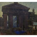 British School, mid 20th century- Taxis parked by Euston Road Arch; oil on canvas, initialled RH,