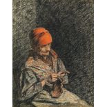 J Dalton, British School late 19th century- Old woman knitting; coloured crayons, signed and dated