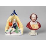 A Staffordshire bust of William Shakespeare, 23cm high, together with another Staffordshire model of