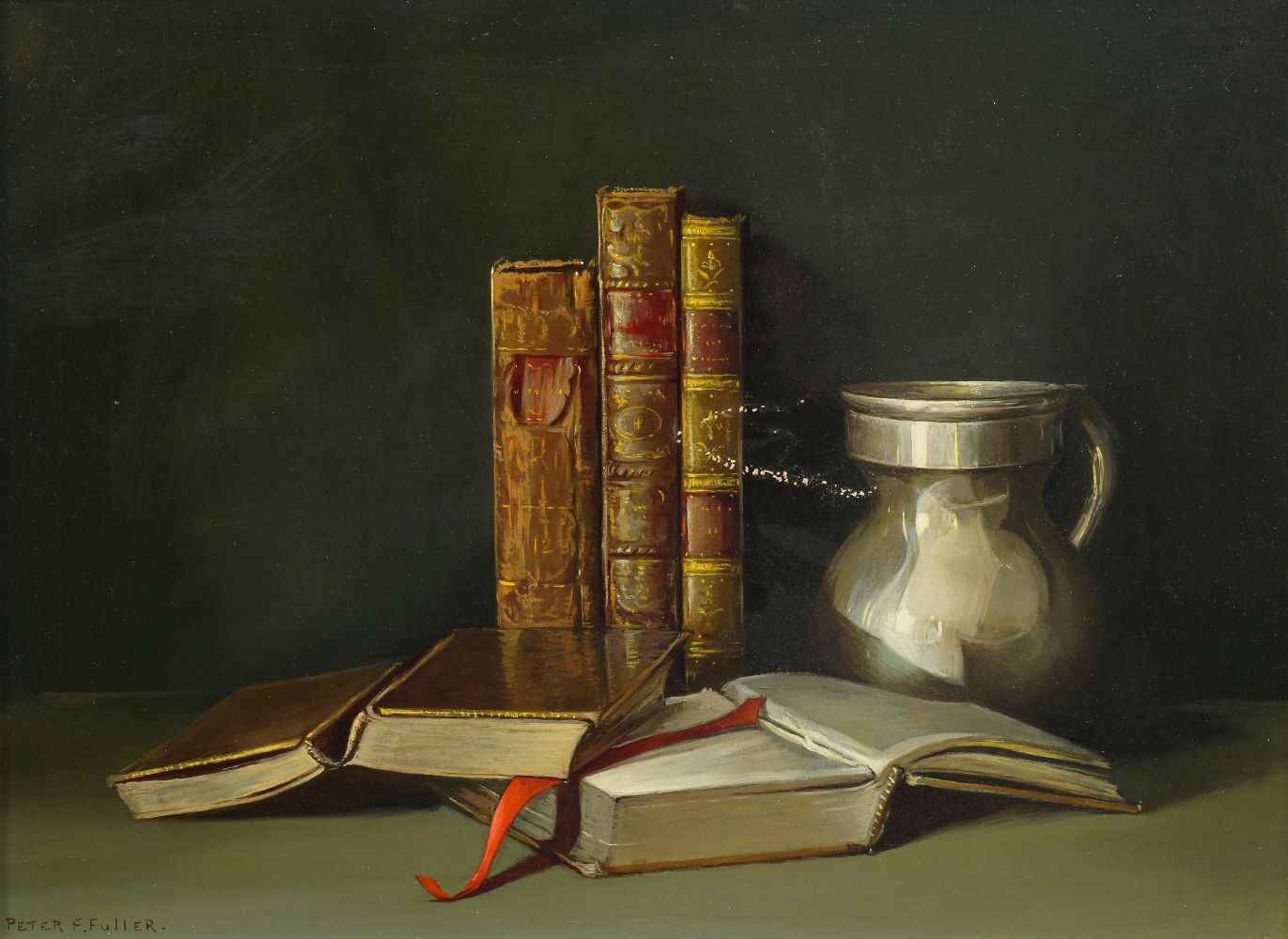 Peter F Fuller, British, late 20th century- Still life with books; oil on canvas, signed, 30.5x40.