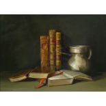 Peter F Fuller, British, late 20th century- Still life with books; oil on canvas, signed, 30.5x40.