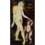 Inge Clayton, British 1942-2010- Standing nude with putto; oil on acetate, signed, 120x60cm, (ARR)