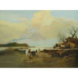 Dutch School, late 19th century- Villagers by the river's edge; oil on canvas, 46x61cm