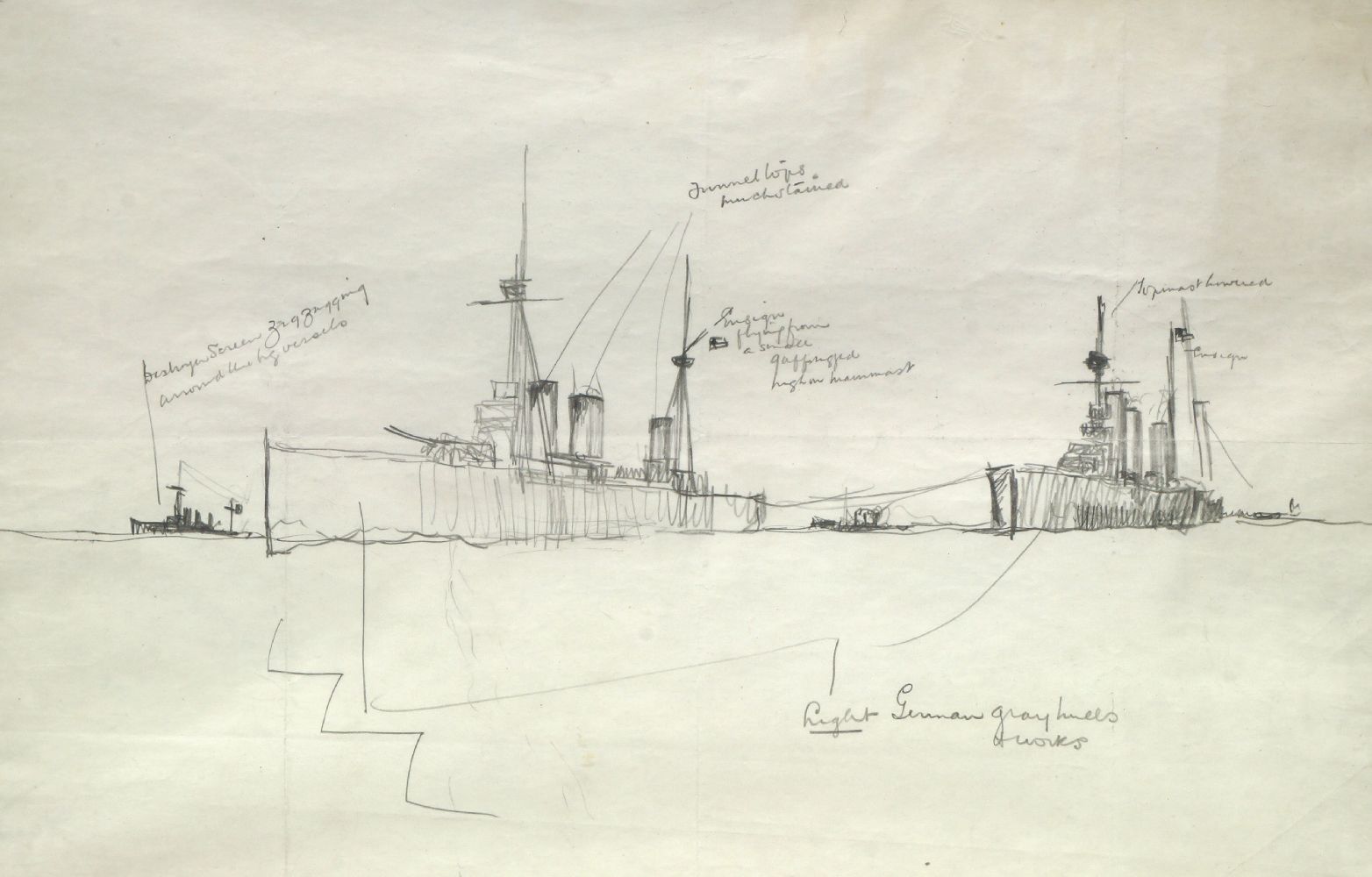 Attributed to Montague Dawson MRSA FRSA, British 1875-1973- German gun boats; pencil, inscribed,