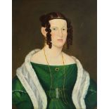 Celtic School, mid 19th century- Portrait of a lady in green dress with fur stole; oil on canvas,