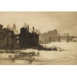 Nathaniel Sparks, British 1880-1957- Thames at Southwark, 1908; drypoint etching, signed in