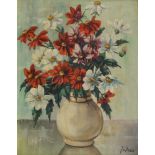 J V Donlevy, British mid 20th century- Floral still life; oil on canvas, signed, 50.5x40.5cm: