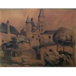 Edouard Bourgeois Debourg, French 1880-1939- Townscape; coloured pencils and wash, signed,