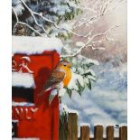 David Feather, British 1952-2005- Robin on a postbox in the snow; oil on canvas, 30.5x24.5cm: