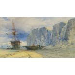 John Callow RWS, British 1822-1878- Beached frigate; watercolour, signed and dated 1871, 13.6x25cm