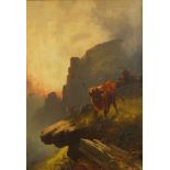 H R Hall, British act. 1875-1902- Highland cattle on craggy ledge; oil on canvas, signed, 61x41cm