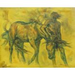 Rosemary Sarah Welch, British b.1946- Man and horse; oil on canvas, signed, 51x63cm, (unframed) (