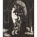 Polia Chentoff, Russian 1896-1933- Couple in an archway; woodcut, signed within the plate, signed in