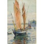 Jules Jequier, Swiss 1834-1898- Fishing vessel & Moored boat; watercolours, both signed in pencil,
