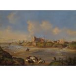 Northern European School, early 19th century- Coastal ruins with livestock in the foreground and a