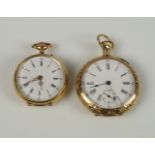 Two late 19th century gold fob watchesThe first, an American open face keyless jewelled lever watch,