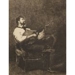 Francois Bonvin, French 1817-1887- Jouer de Guitar; drypoint etching, 17.5x21cm