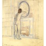 Peter Peterson, British b.1934- Female nude standing in front of a mirror; watercolour over traces