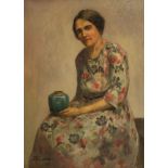 D Long, early mid 20th century- Portrait of a seated woman in a floral dress; oil on canvas,