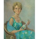 Josephine Elizabeth Aveline, British 1914-1990- Portrait of a lady holding a vase; oil on canvas,