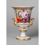 An English porcelain campana urn, 19th century, with two lions mask handles, decorated with a