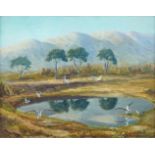 Majewski, Polish late 20th/early 21st century- Mountainous landscape with birds and lake; oil on