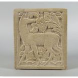 A Just rectangular composition stone vase, 20th century, moulded with a panel of a deer in a