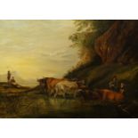 British School, mid 19th century- Cattle stopping in a watering hole; oil on canvas, 45.5x60.7cm, (